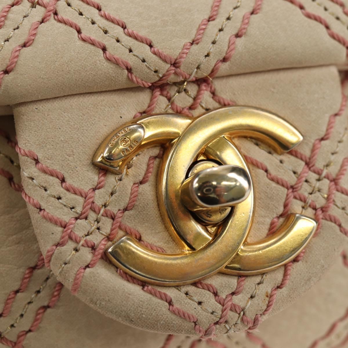 CHANEL Wild Stitch Chain Shoulder Bag Calf Skin Beige Gold CC Auth 158224SAV