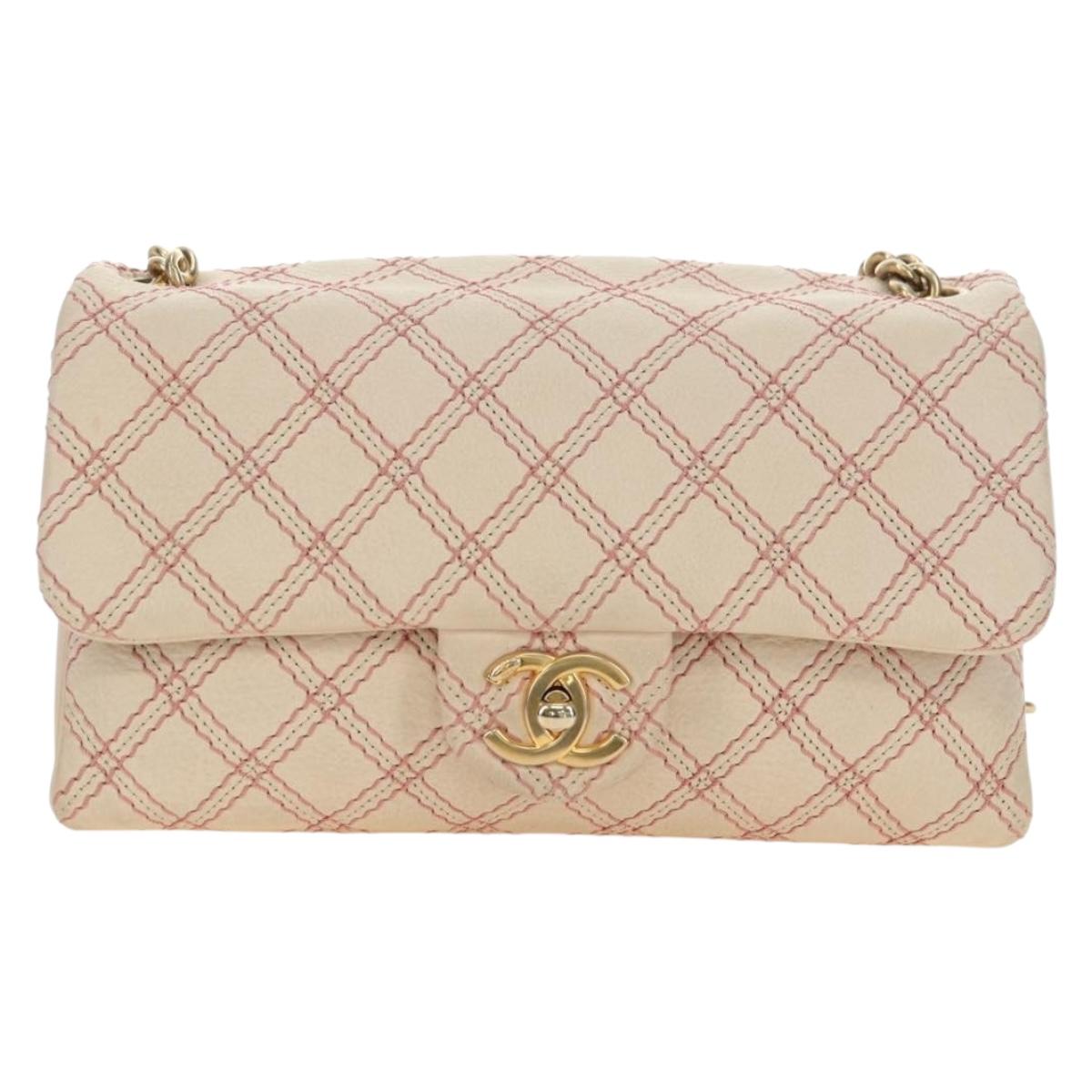 CHANEL Wild Stitch Chain Shoulder Bag Calf Skin Beige Gold CC Auth 158224SAV