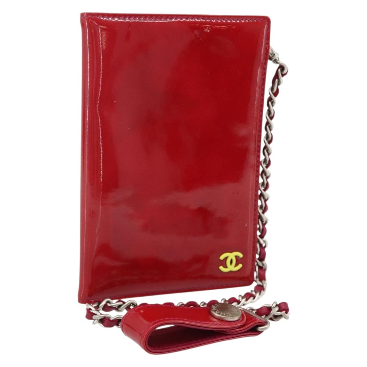 CHANEL Card Case Patent leather Red Silver CC Auth 158226A