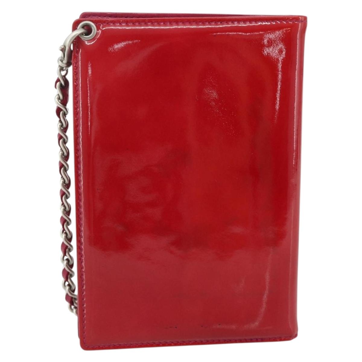 CHANEL Card Case Patent leather Red Silver CC Auth 158226A