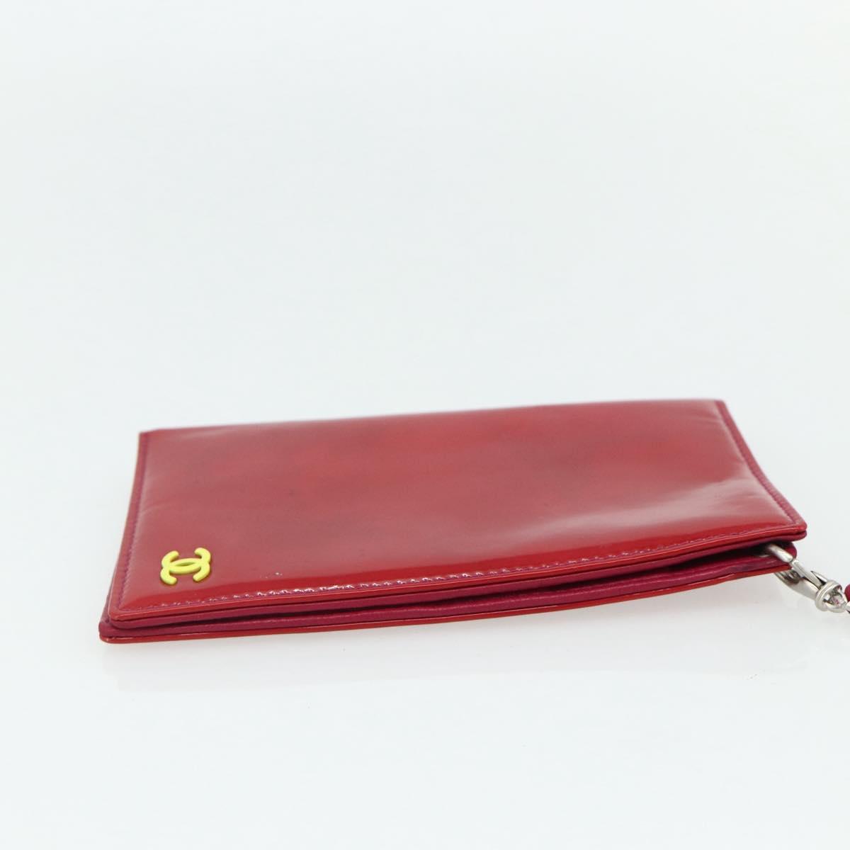CHANEL Card Case Patent leather Red Silver CC Auth 158226A