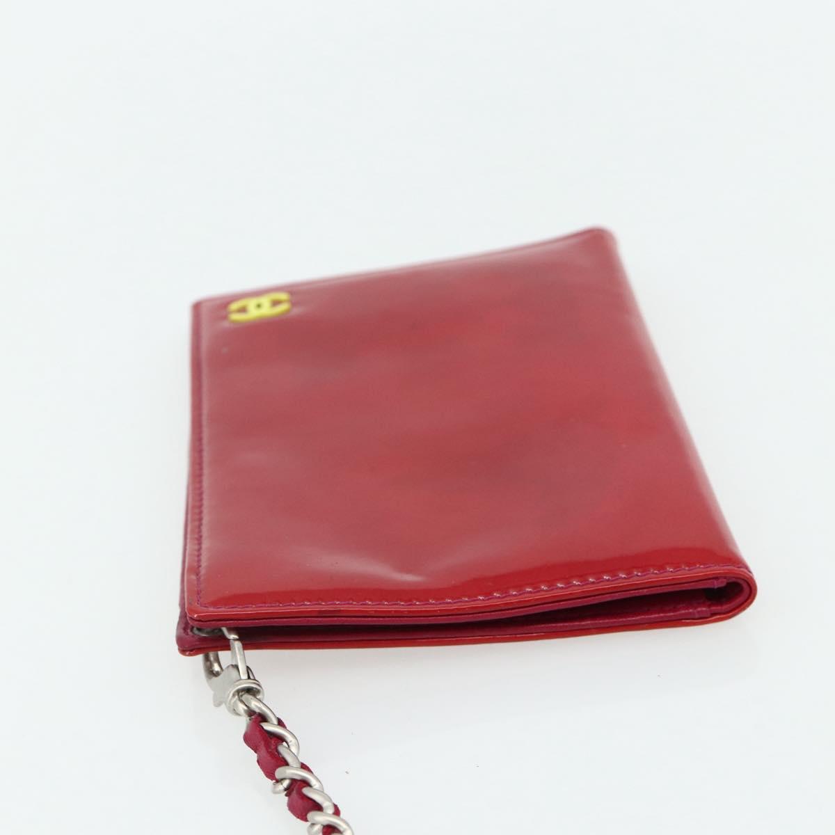 CHANEL Card Case Patent leather Red Silver CC Auth 158226A