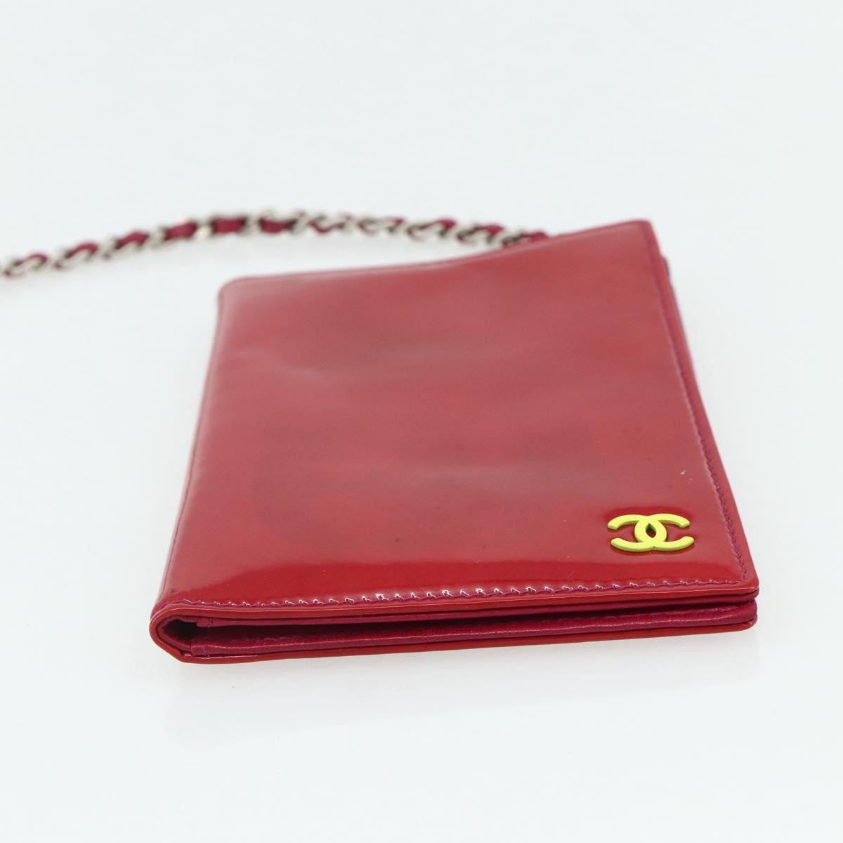CHANEL Card Case Patent leather Red Silver CC Auth 158226A
