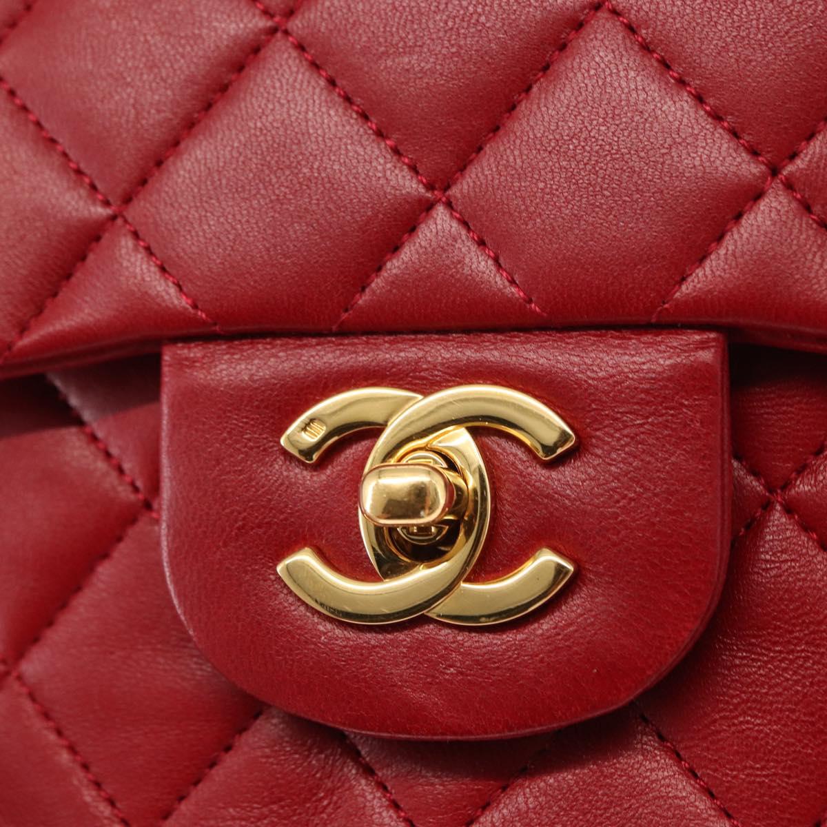 CHANEL Chain Double Flap Matelasse 23 Bag Lamb Skin Red Gold CC Auth 158356SAM