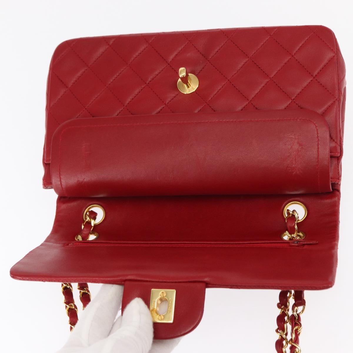 CHANEL Chain Double Flap Matelasse 23 Bag Lamb Skin Red Gold CC Auth 158356SAM
