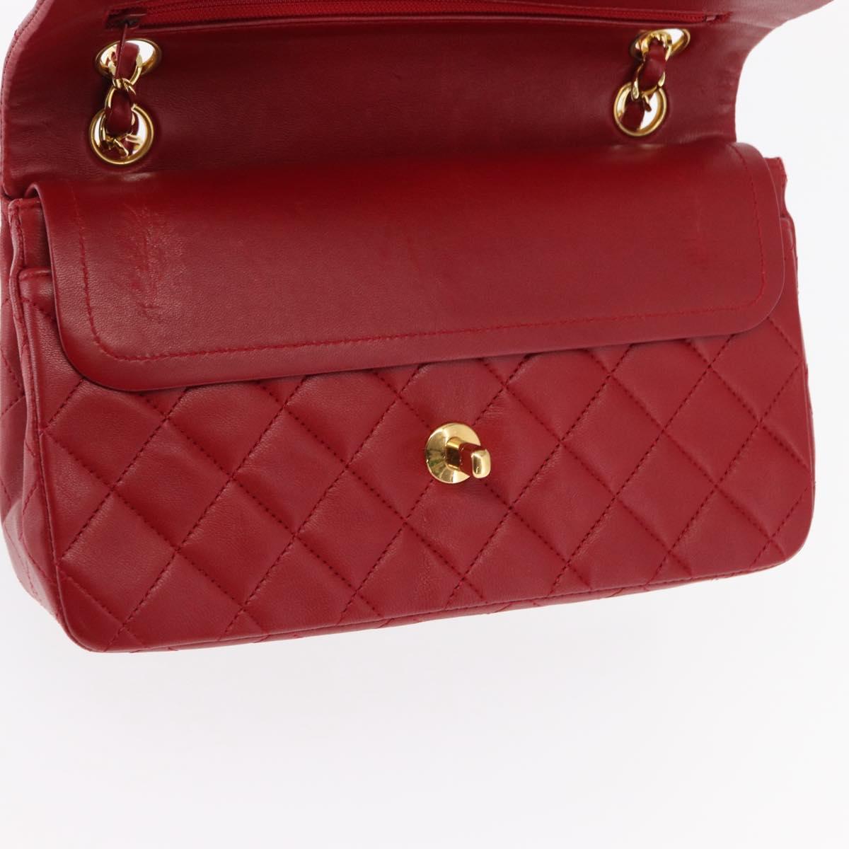 CHANEL Chain Double Flap Matelasse 23 Bag Lamb Skin Red Gold CC Auth 158356SAM