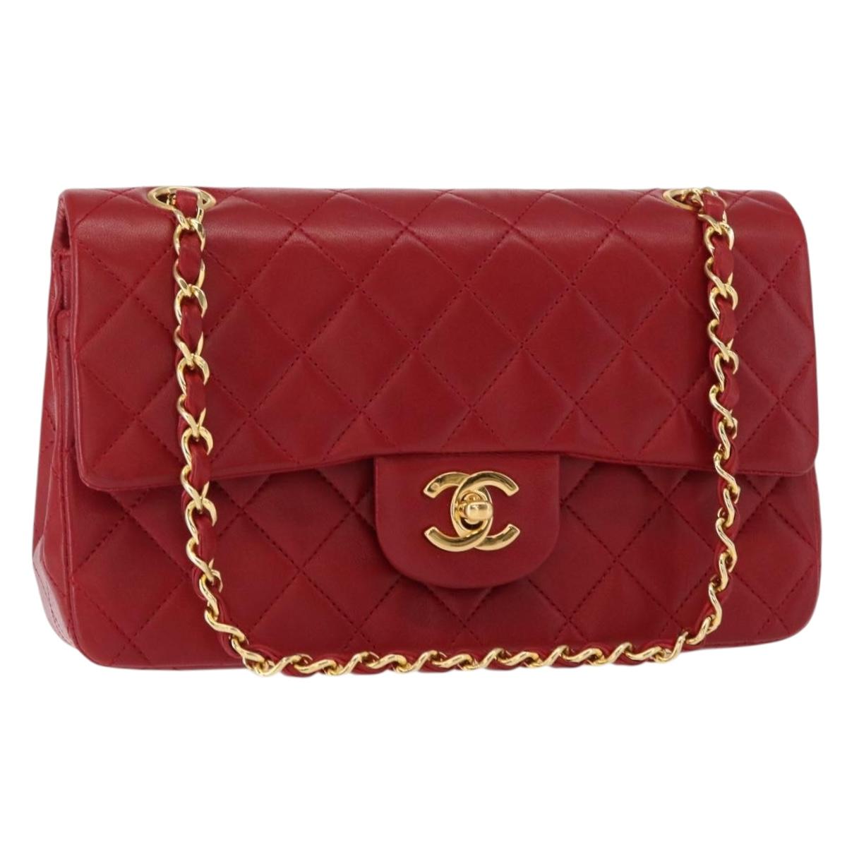 CHANEL Chain Double Flap Matelasse 23 Bag Lamb Skin Red Gold CC Auth 158356SAM