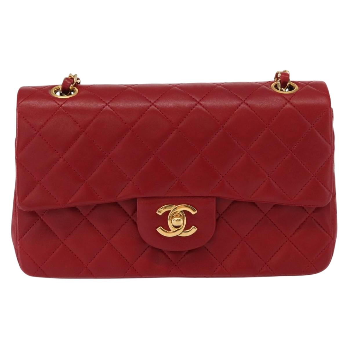 CHANEL Chain Double Flap Matelasse 23 Bag Lamb Skin Red Gold CC Auth 158356SAM