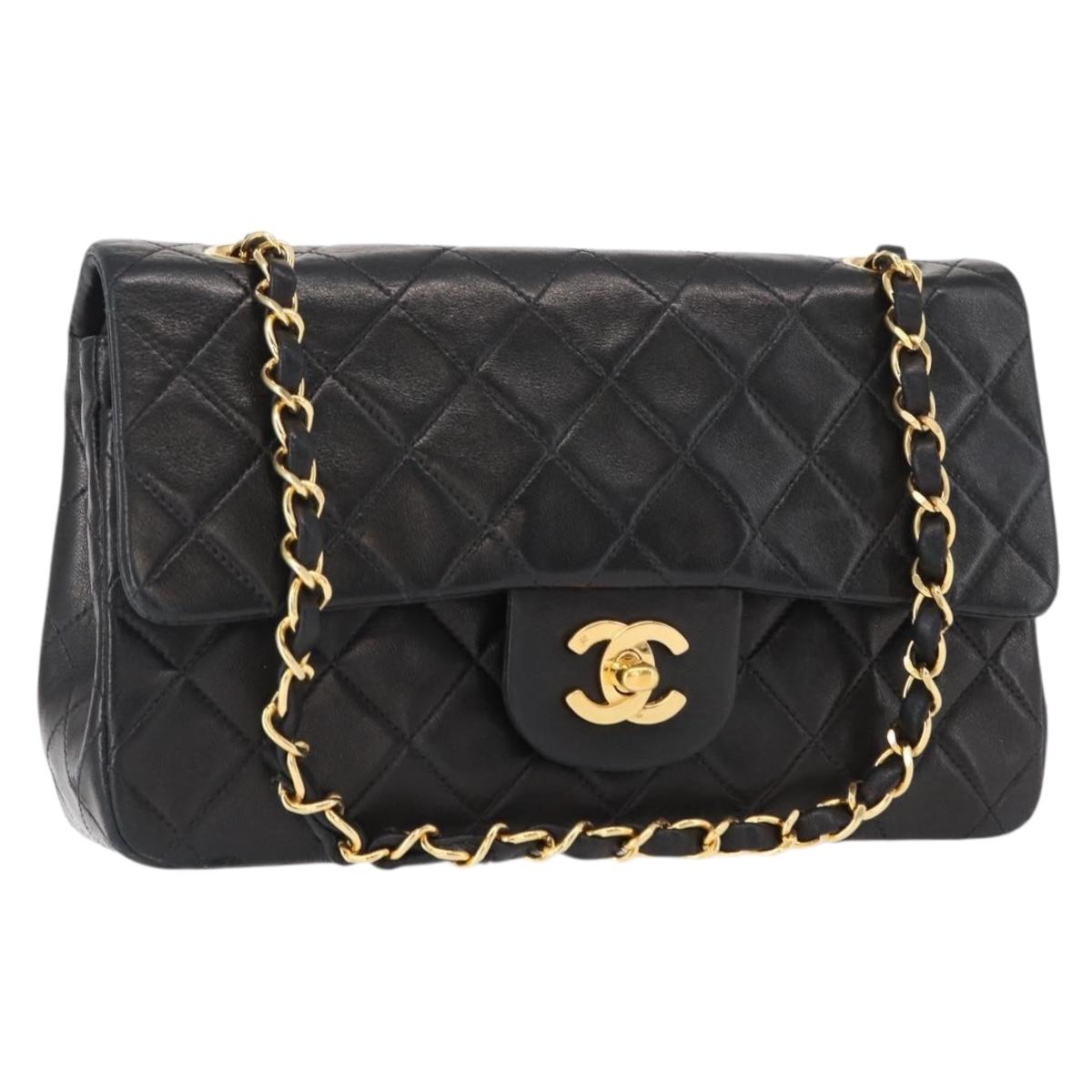 CHANEL Chain Double Flap Matelasse 23 Bag Lamb Skin Black Gold CC Auth 158357SM