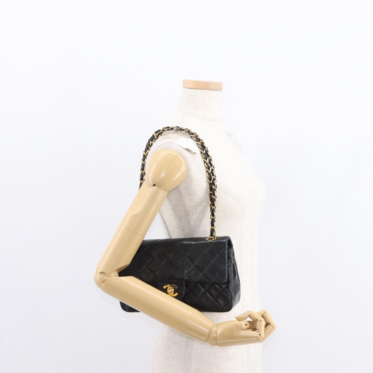 CHANEL Chain Double Flap Matelasse 23 Bag Lamb Skin Black Gold CC Auth 158357SM