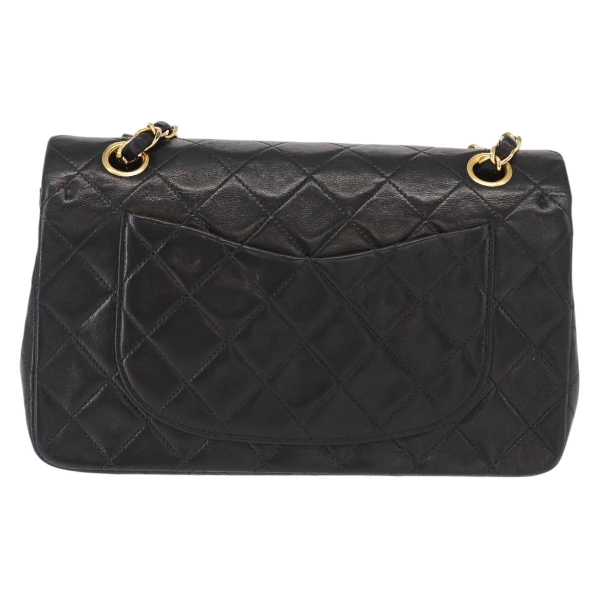 CHANEL Chain Double Flap Matelasse 23 Bag Lamb Skin Black Gold CC Auth 158357SM
