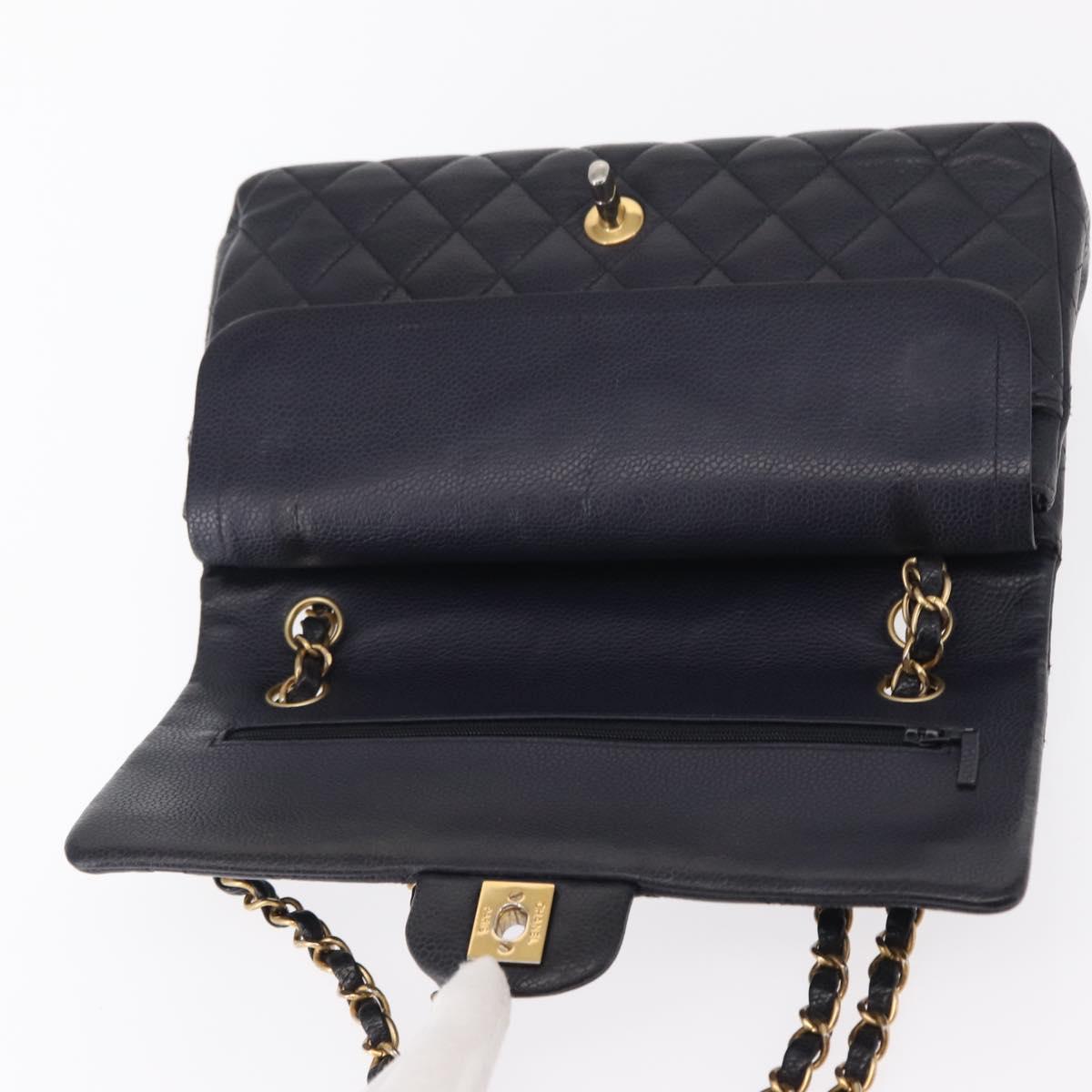 CHANEL Matelasse 25 Double Flap Chain Bag Caviar Skin Navy Gold CC Auth 158359SM