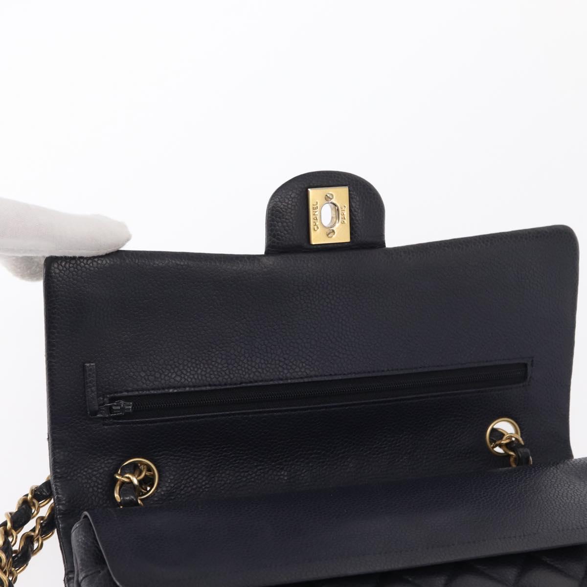 CHANEL Matelasse 25 Double Flap Chain Bag Caviar Skin Navy Gold CC Auth 158359SM
