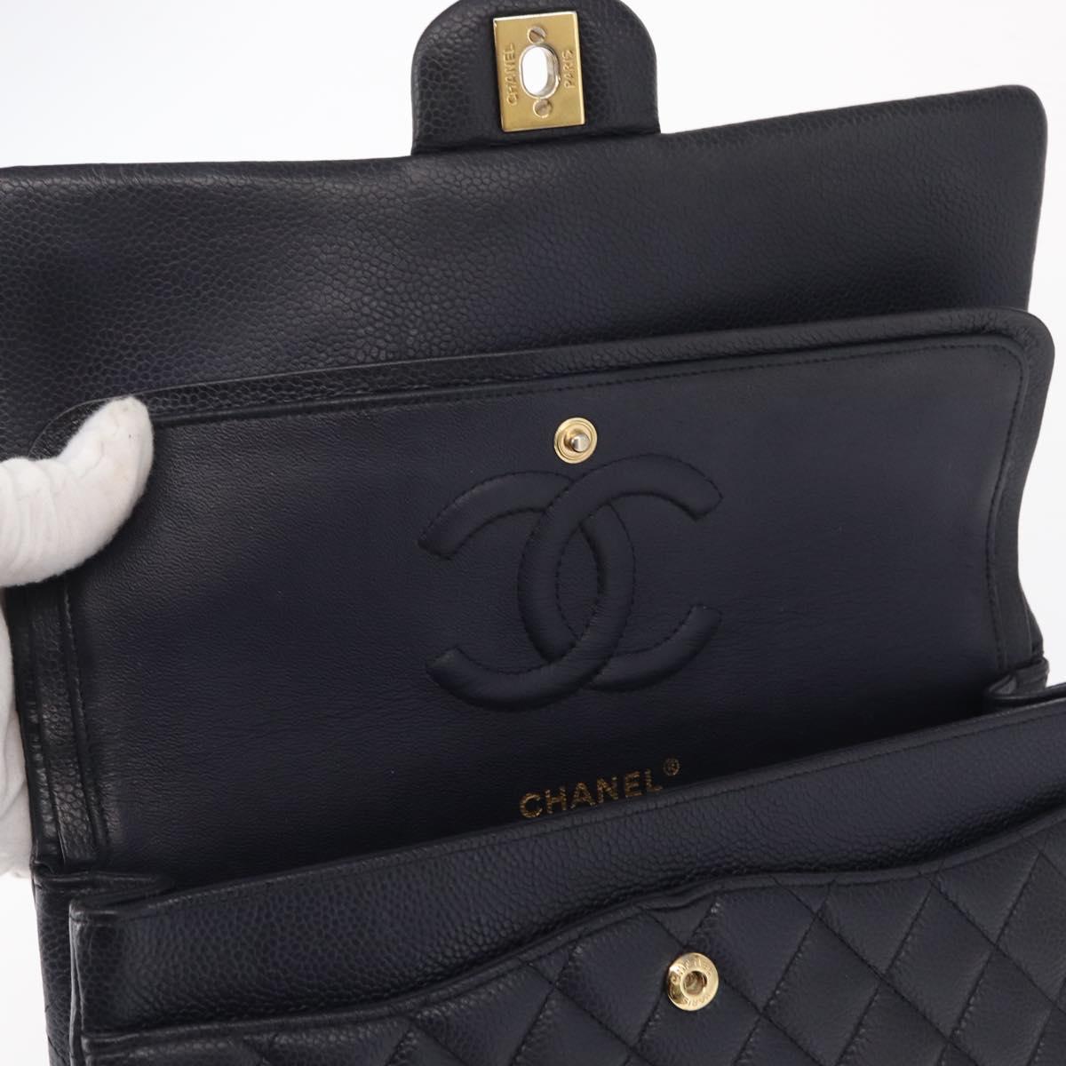 CHANEL Matelasse 25 Double Flap Chain Bag Caviar Skin Navy Gold CC Auth 158359SM
