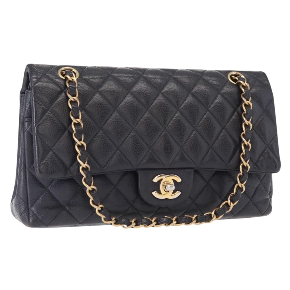 CHANEL Matelasse 25 Double Flap Chain Bag Caviar Skin Navy Gold CC Auth 158359SM
