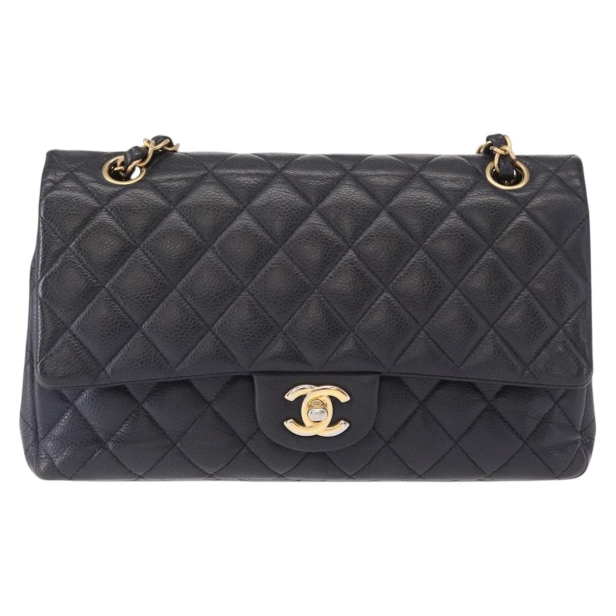 CHANEL Matelasse 25 Double Flap Chain Bag Caviar Skin Navy Gold CC Auth 158359SM