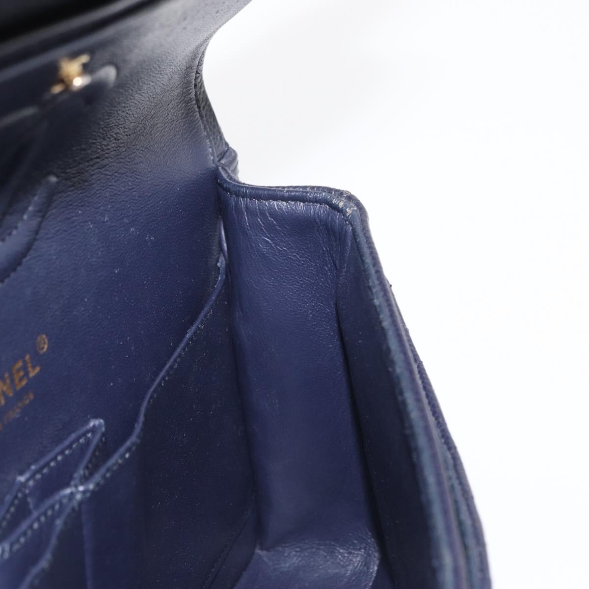 CHANEL Matelasse 25 Double Flap Chain Bag Caviar Skin Navy Gold CC Auth 158359SM