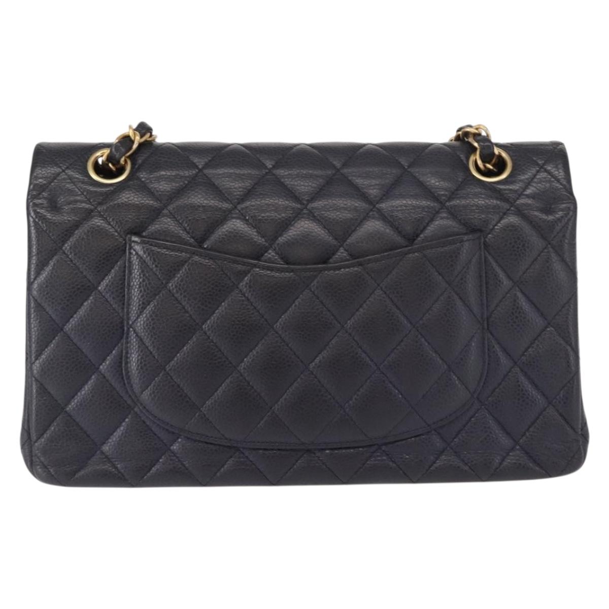 CHANEL Matelasse 25 Double Flap Chain Bag Caviar Skin Navy Gold CC Auth 158359SM