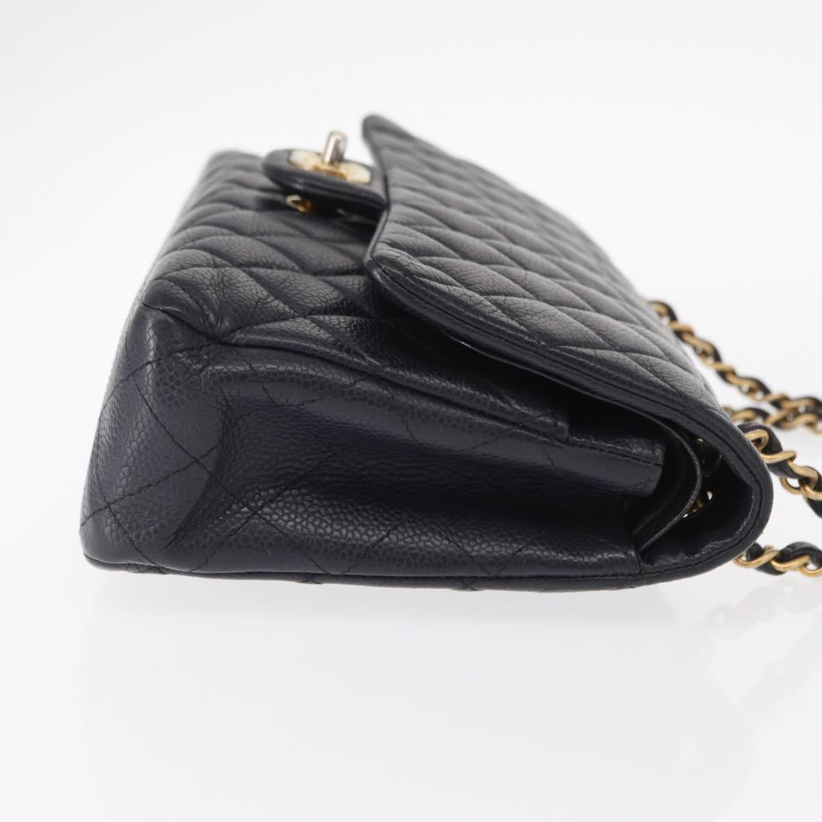 CHANEL Matelasse 25 Double Flap Chain Bag Caviar Skin Navy Gold CC Auth 158359SM