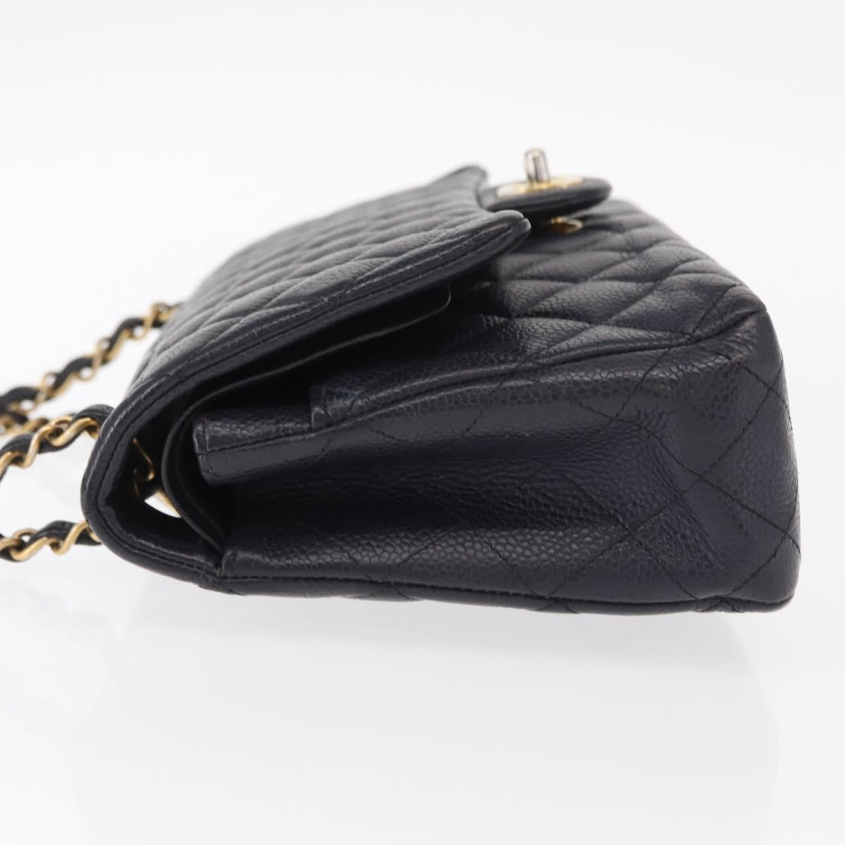 CHANEL Matelasse 25 Double Flap Chain Bag Caviar Skin Navy Gold CC Auth 158359SM