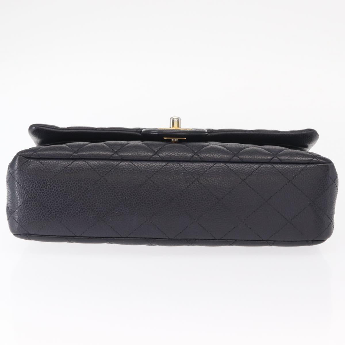 CHANEL Matelasse 25 Double Flap Chain Bag Caviar Skin Navy Gold CC Auth 158359SM