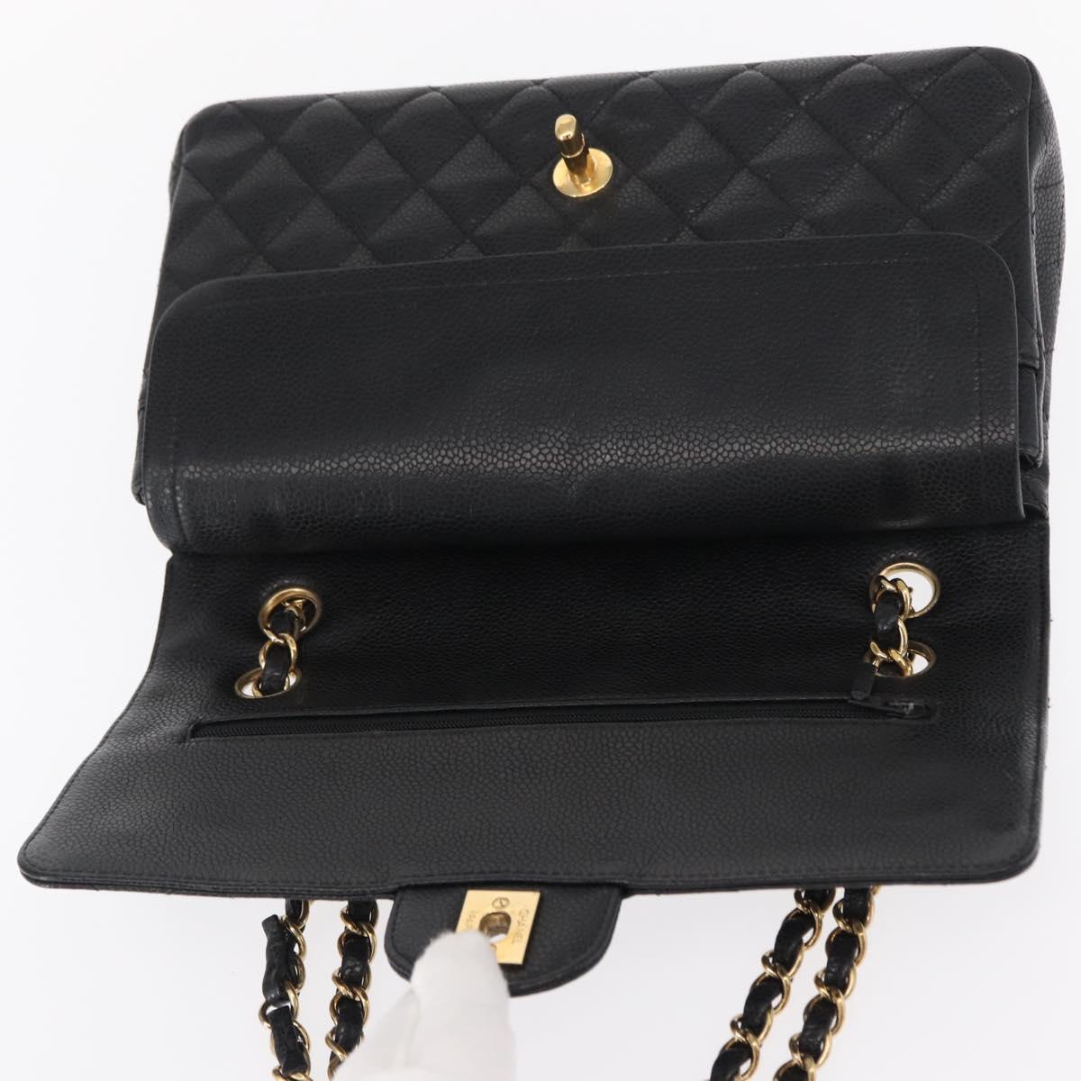 CHANEL Matelasse 25 Double Flap Chain Bag Caviar Skin Black CC Auth 158360SM