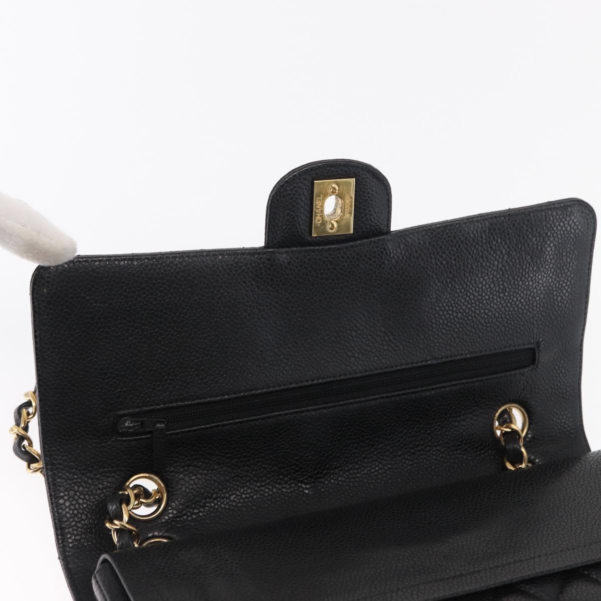 CHANEL Matelasse 25 Double Flap Chain Bag Caviar Skin Black CC Auth 158360SM