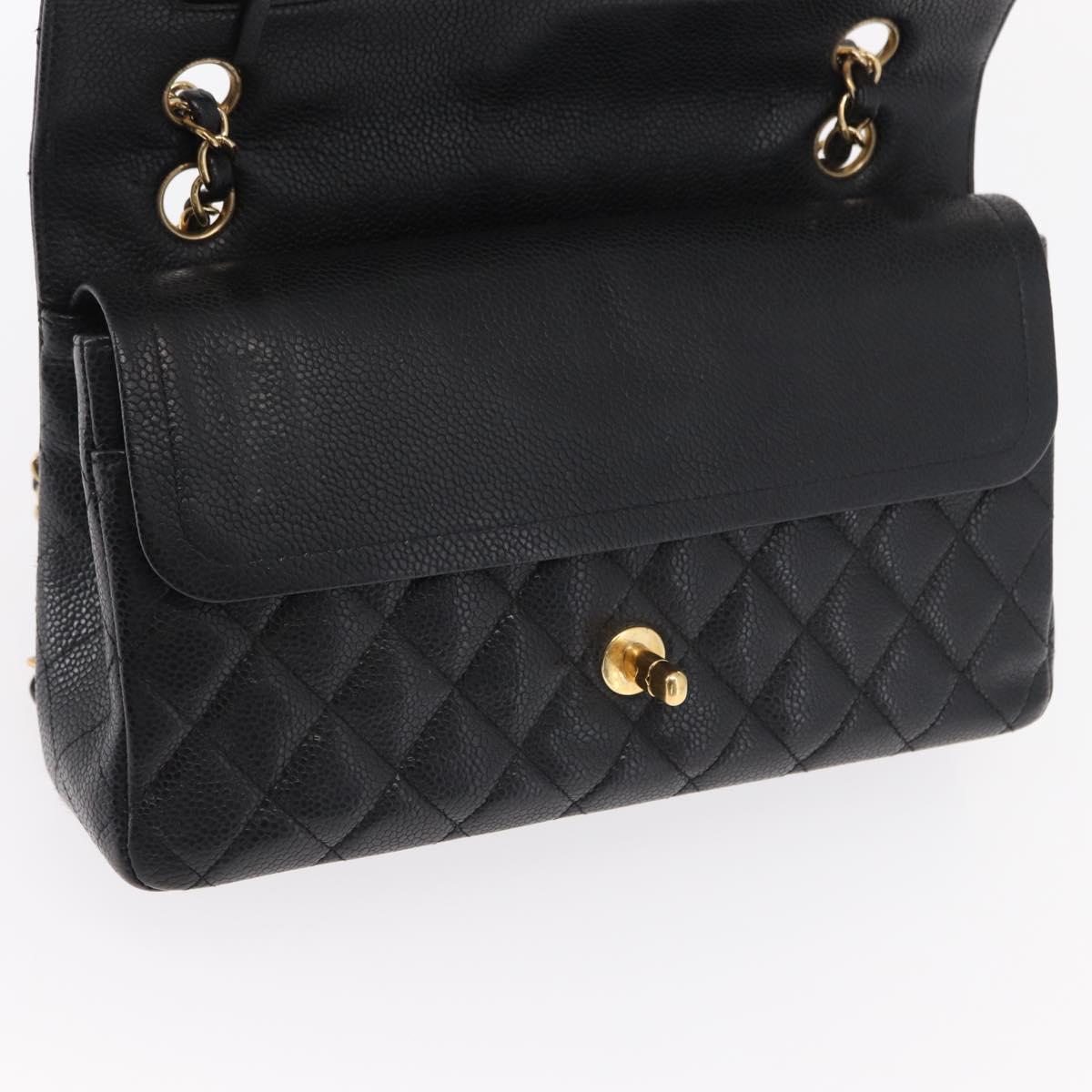 CHANEL Matelasse 25 Double Flap Chain Bag Caviar Skin Black CC Auth 158360SM