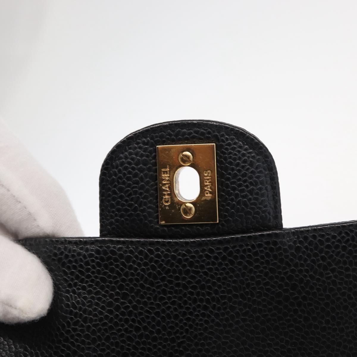 CHANEL Matelasse 25 Double Flap Chain Bag Caviar Skin Black CC Auth 158360SM