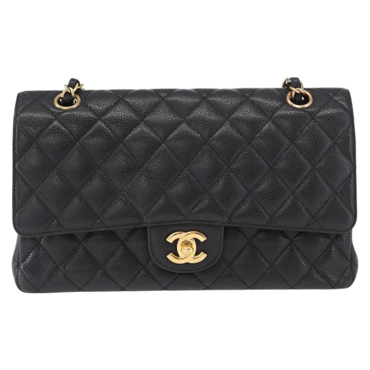 CHANEL Matelasse 25 Double Flap Chain Bag Caviar Skin Black CC Auth 158360SM