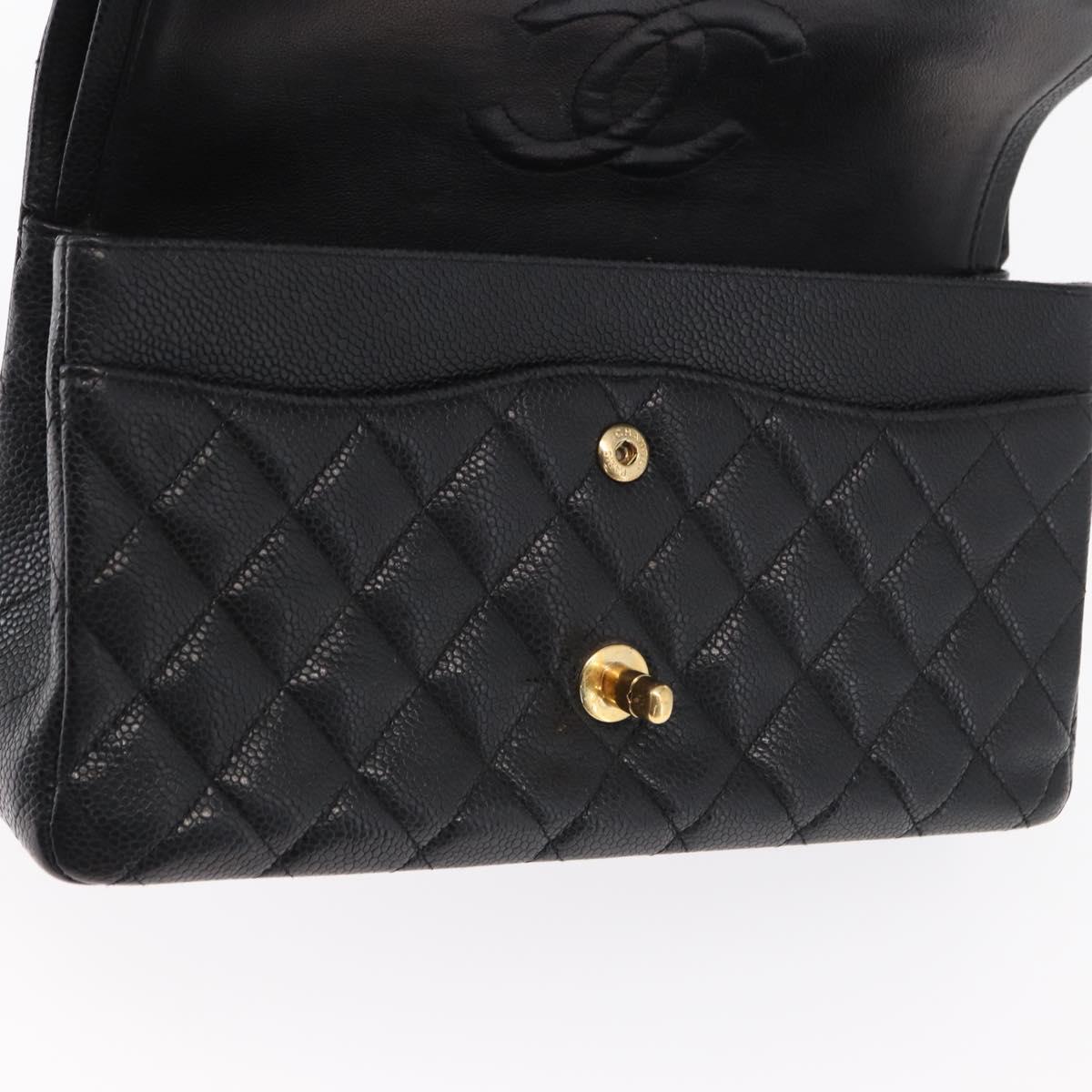 CHANEL Matelasse 25 Double Flap Chain Bag Caviar Skin Black CC Auth 158360SM