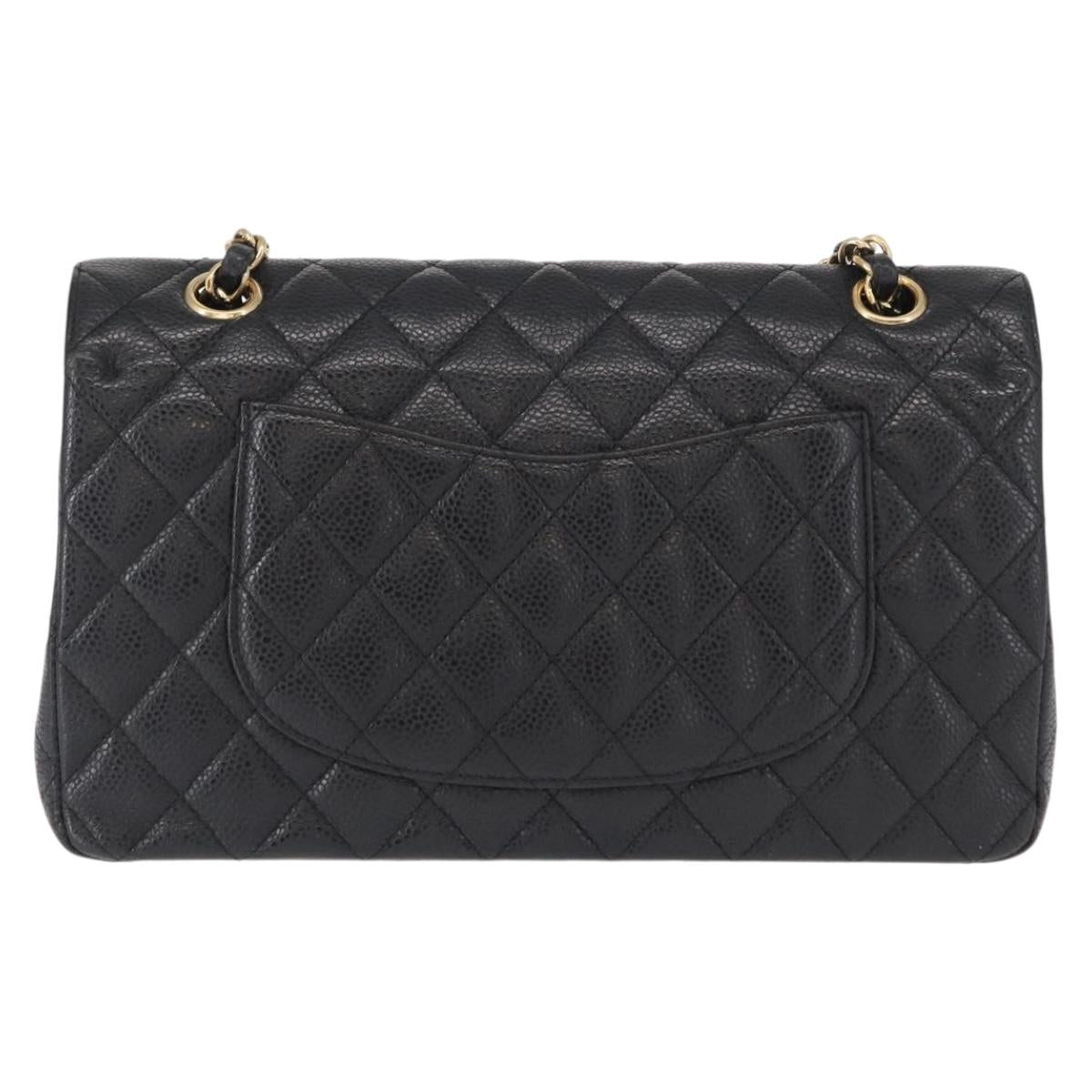 CHANEL Matelasse 25 Double Flap Chain Bag Caviar Skin Black CC Auth 158360SM