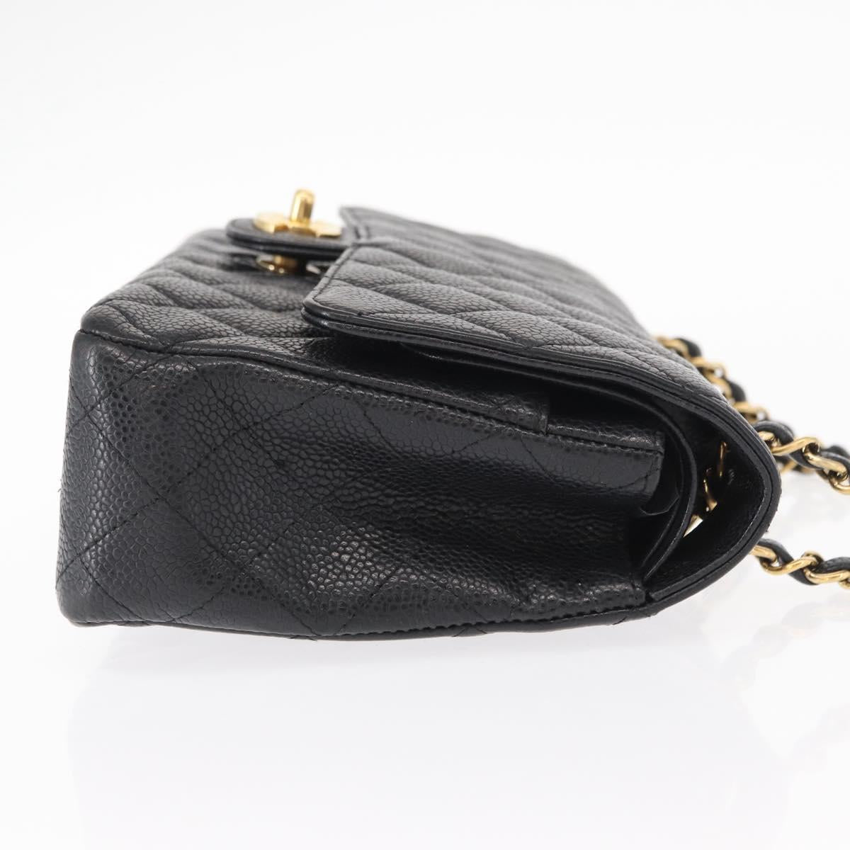 CHANEL Matelasse 25 Double Flap Chain Bag Caviar Skin Black CC Auth 158360SM
