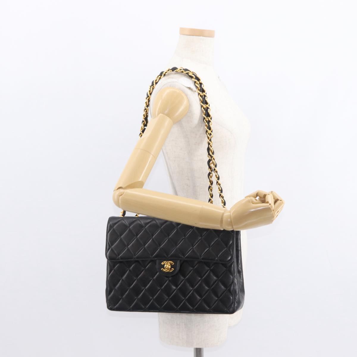 CHANEL Matelasse 30 Chain Shoulder Bag Lamb Skin Black Gold CC Auth 158361SAM