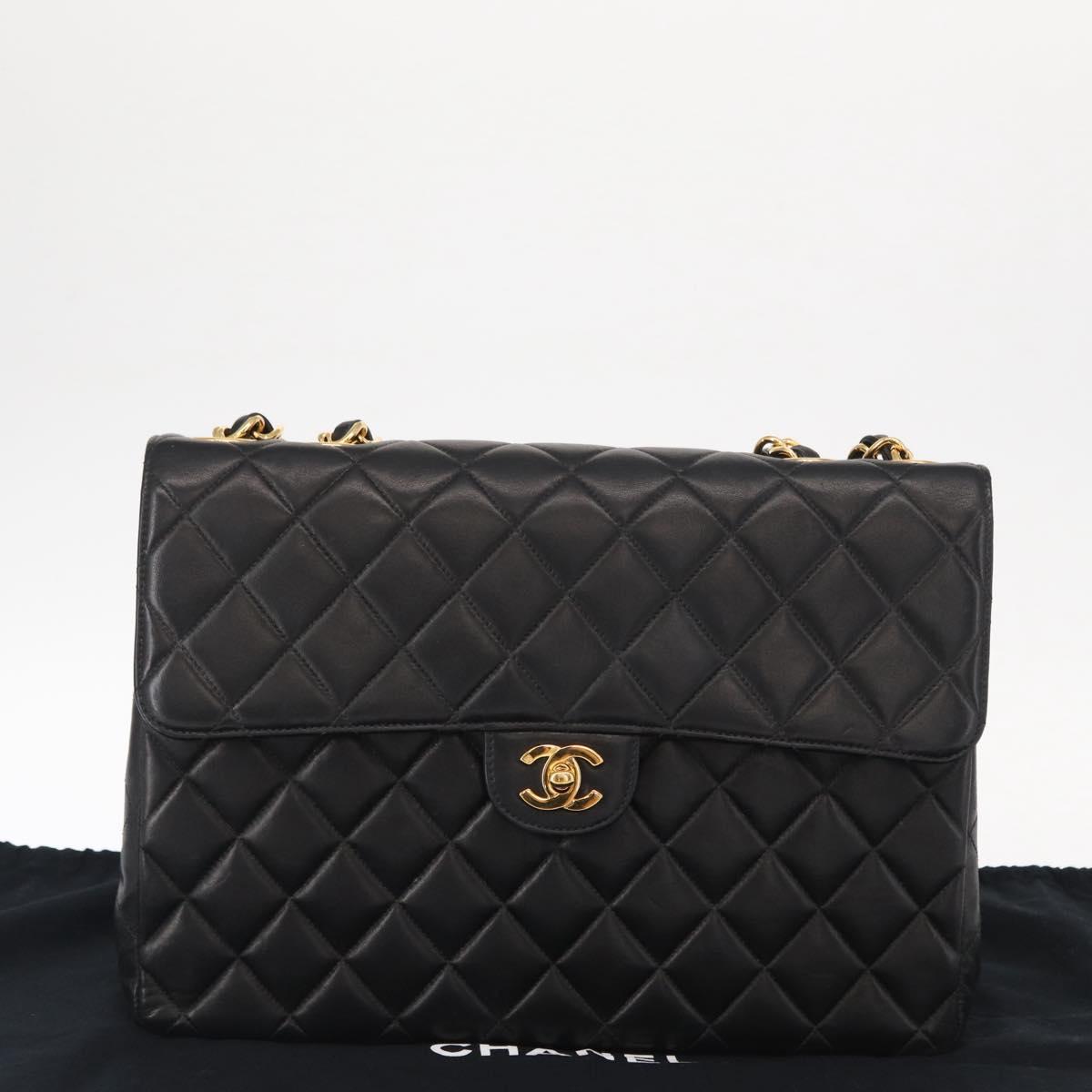 CHANEL Matelasse 30 Chain Shoulder Bag Lamb Skin Black Gold CC Auth 158361SAM