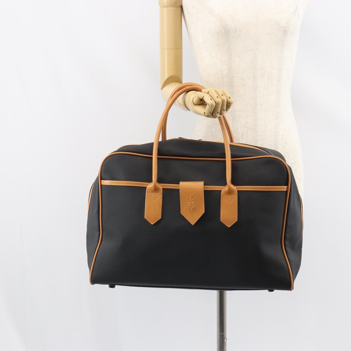 SAINT LAURENT Boston Bag PVC Canvas Black Brown gold Auth 158370