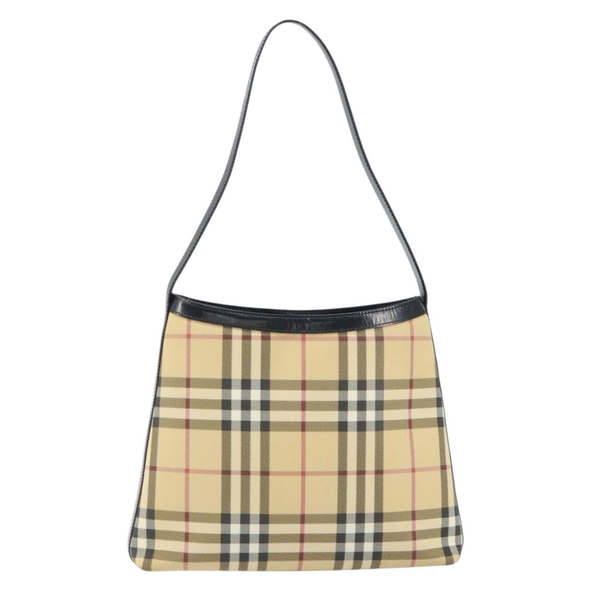 BURBERRY Nova Check Shoulder Bag PVC Beige Silver Auth 158373