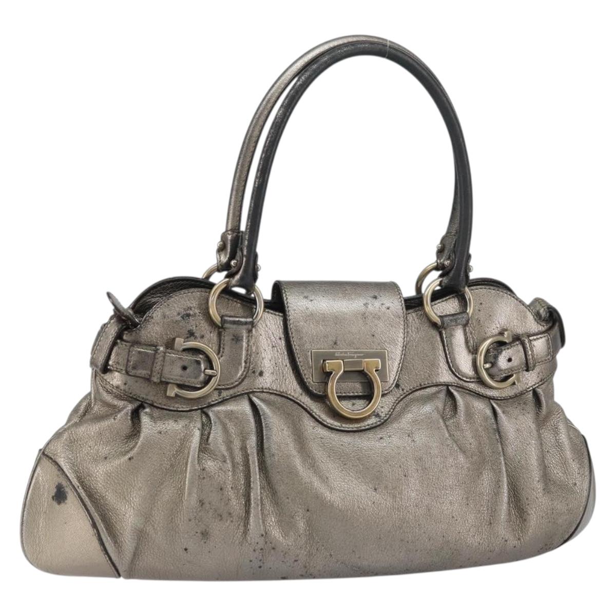 Salvatore Ferragamo Gancini Tote Bag Leather Brown Gold Auth 158376