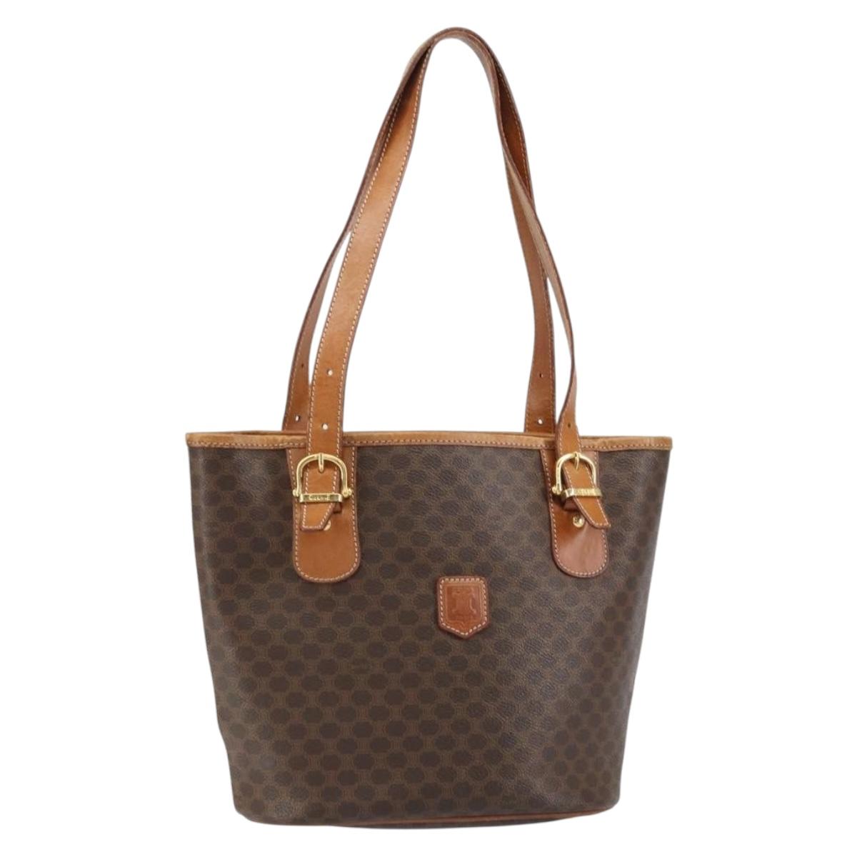 CELINE Macadam Canvas Tote Bag PVC Leather Brown Gold Auth 158377