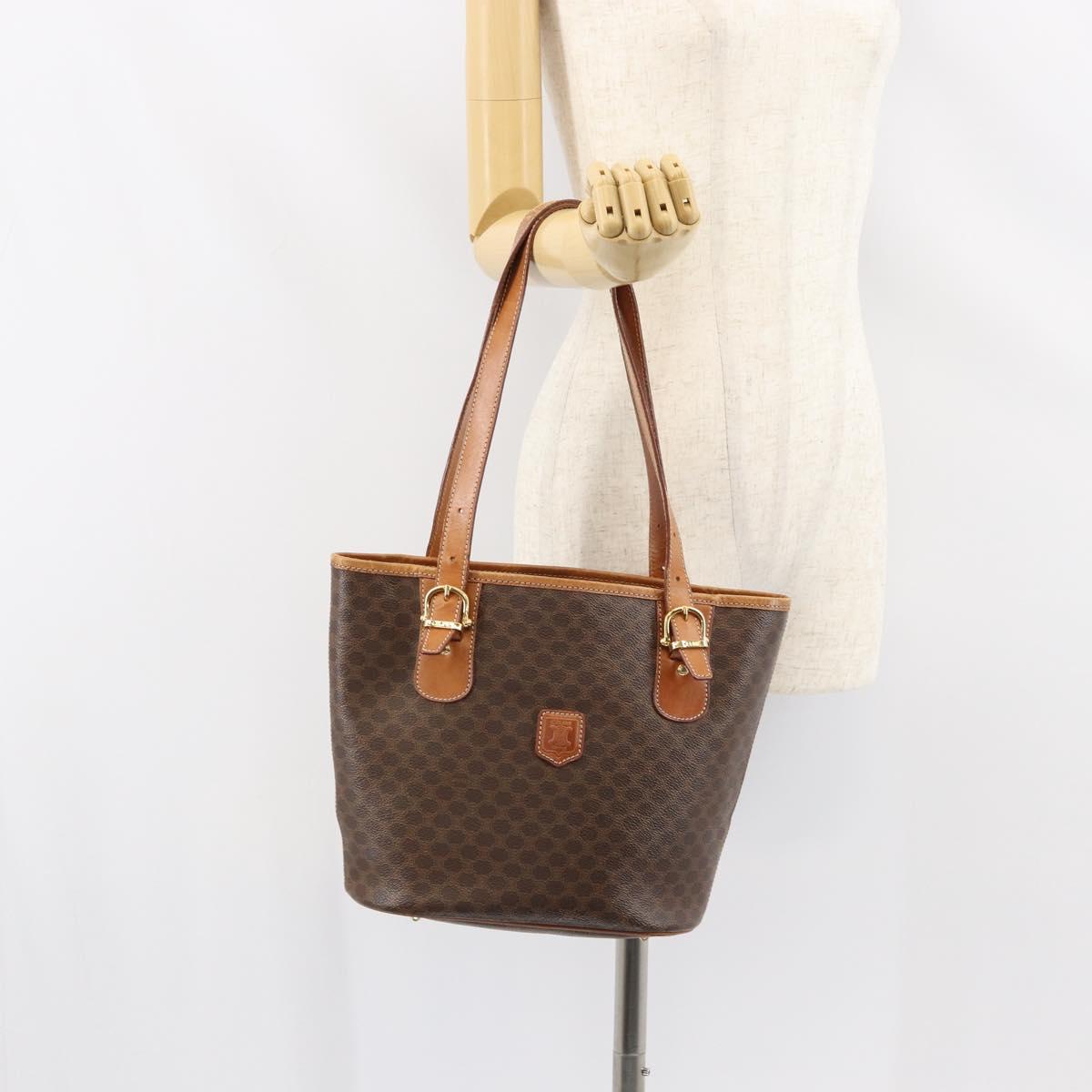CELINE Macadam Canvas Tote Bag PVC Leather Brown Gold Auth 158377