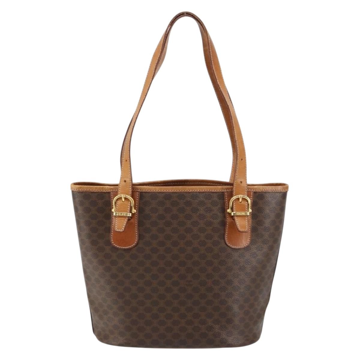 CELINE Macadam Canvas Tote Bag PVC Leather Brown Gold Auth 158377