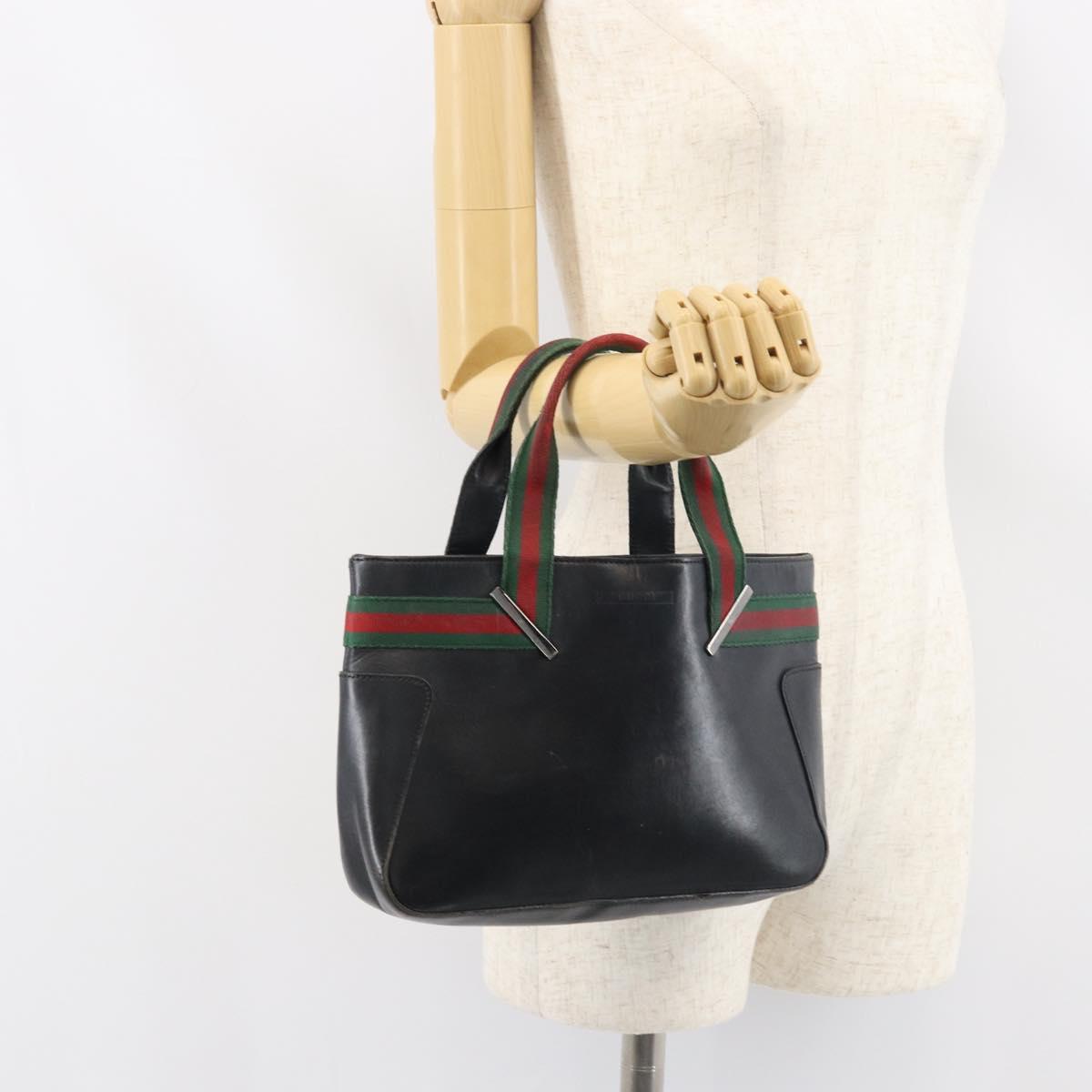 GUCCI Web Sherry Line Hand Bag Leather Black Silver 73984 Auth 158386