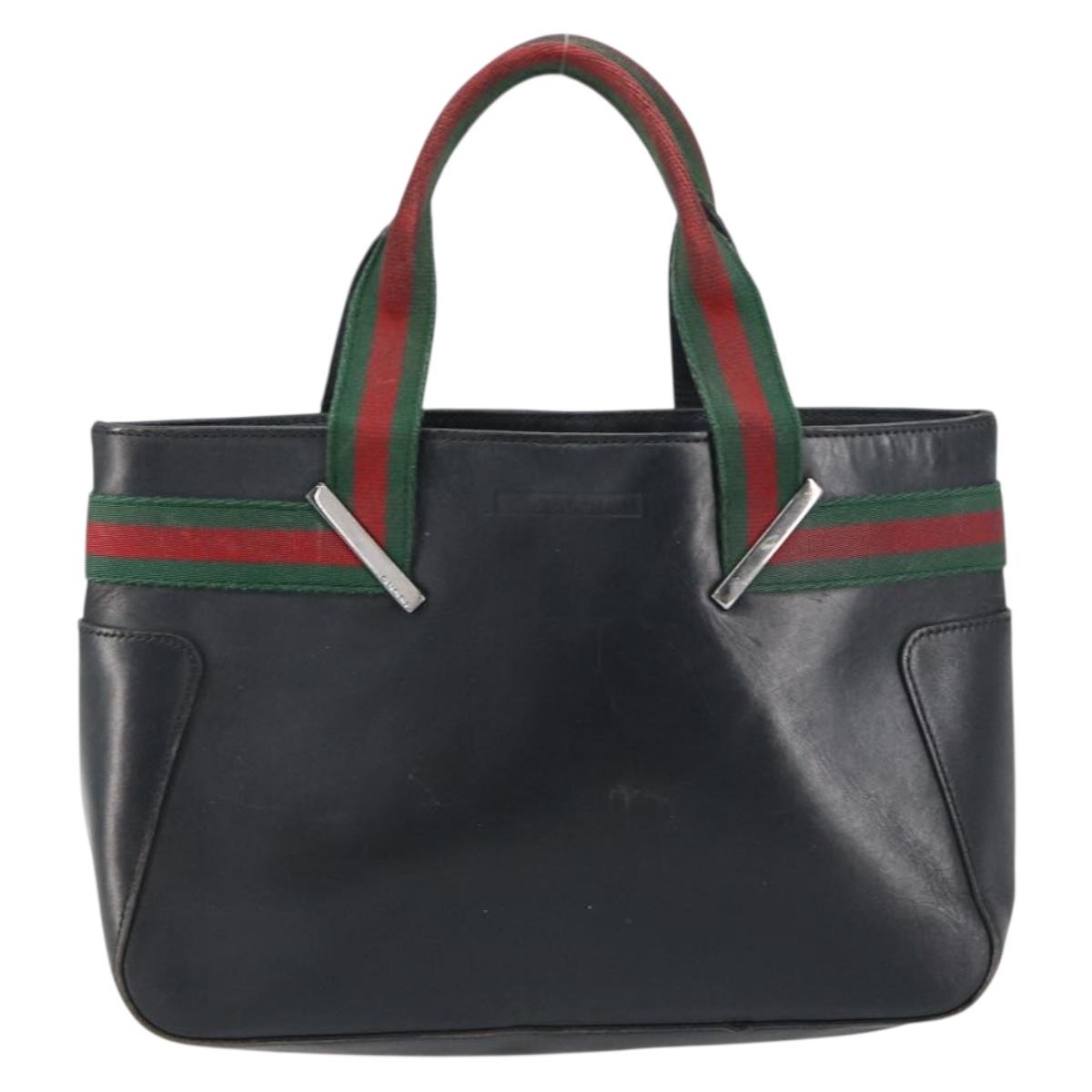 GUCCI Web Sherry Line Hand Bag Leather Black Silver 73984 Auth 158386