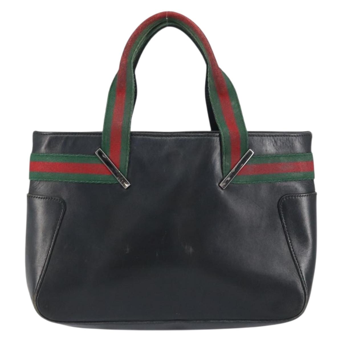GUCCI Web Sherry Line Hand Bag Leather Black Silver 73984 Auth 158386