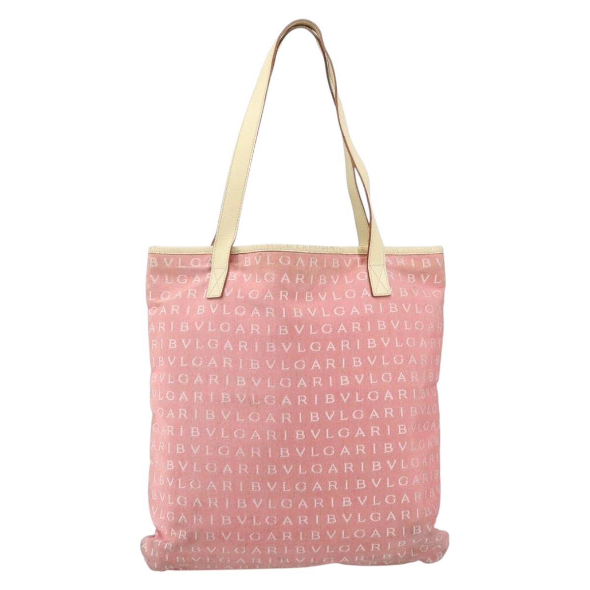 BVLGARI Logo Mania Tote Bag Canvas Pink Silver Auth 158388