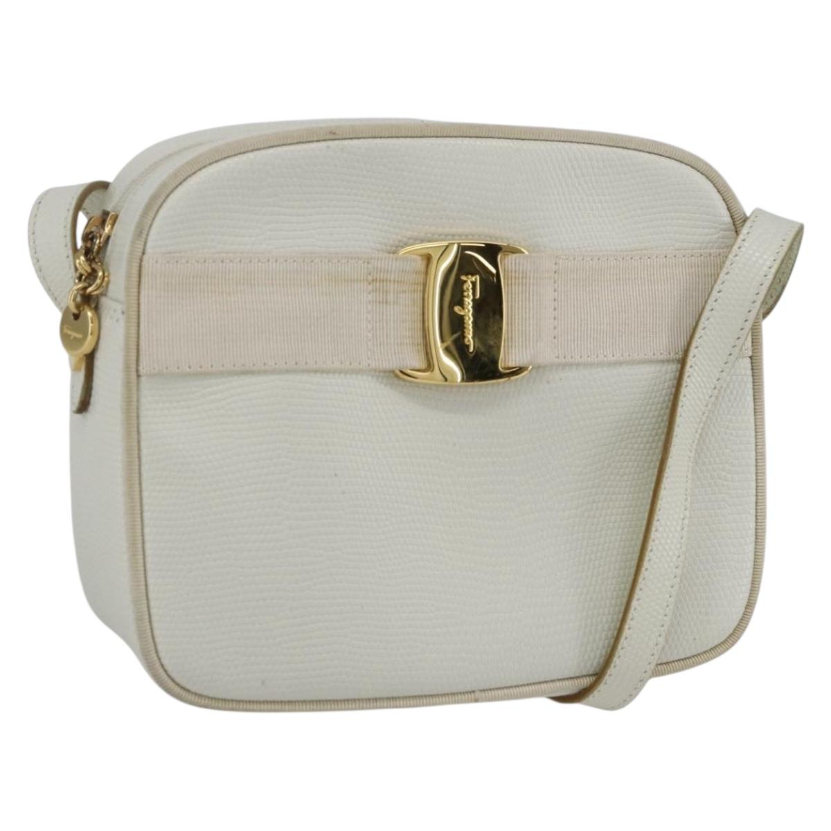 Salvatore Ferragamo Shoulder Bag Leather White Gold Auth 158412