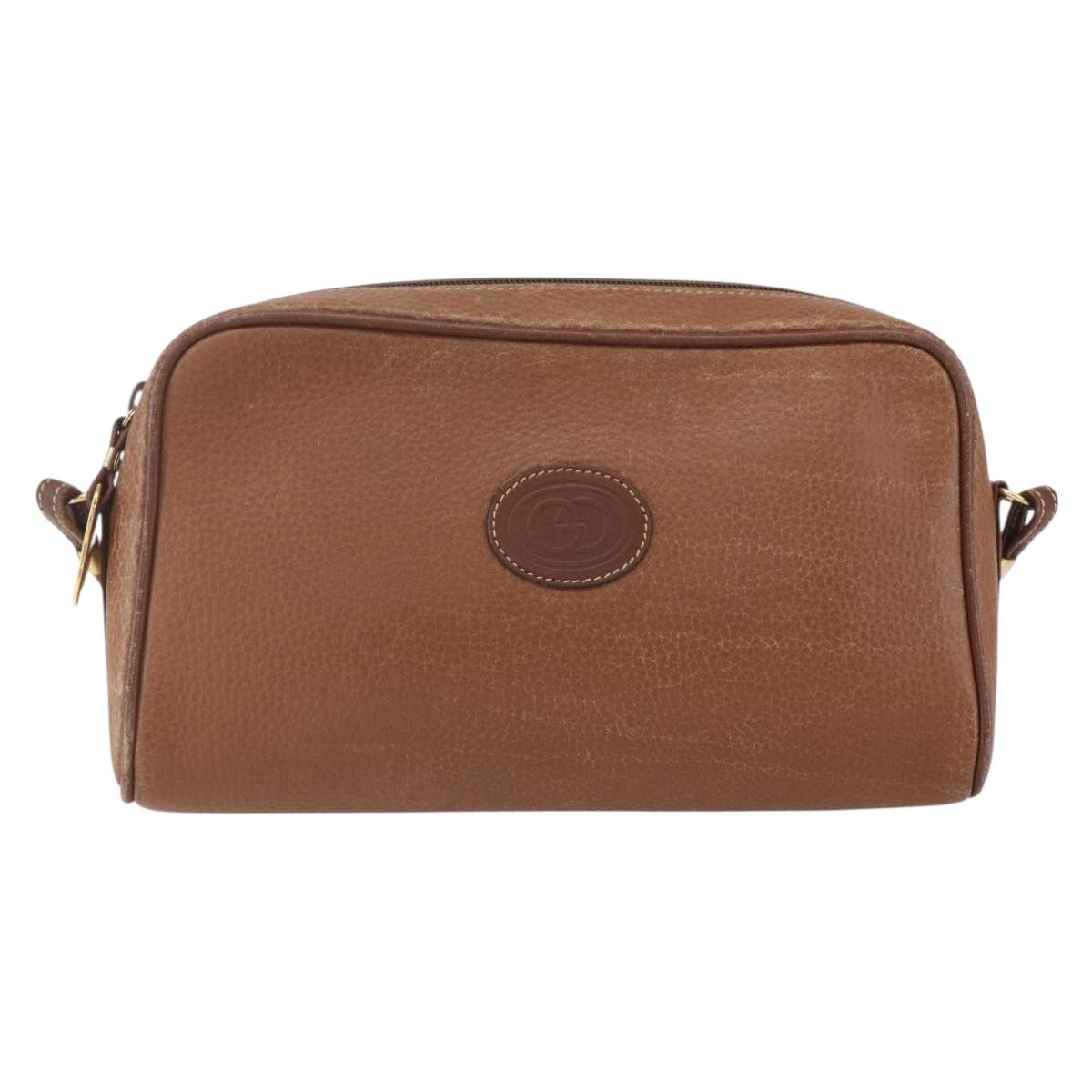GUCCI Shoulder Bag Leather Brown Gold Auth 158413