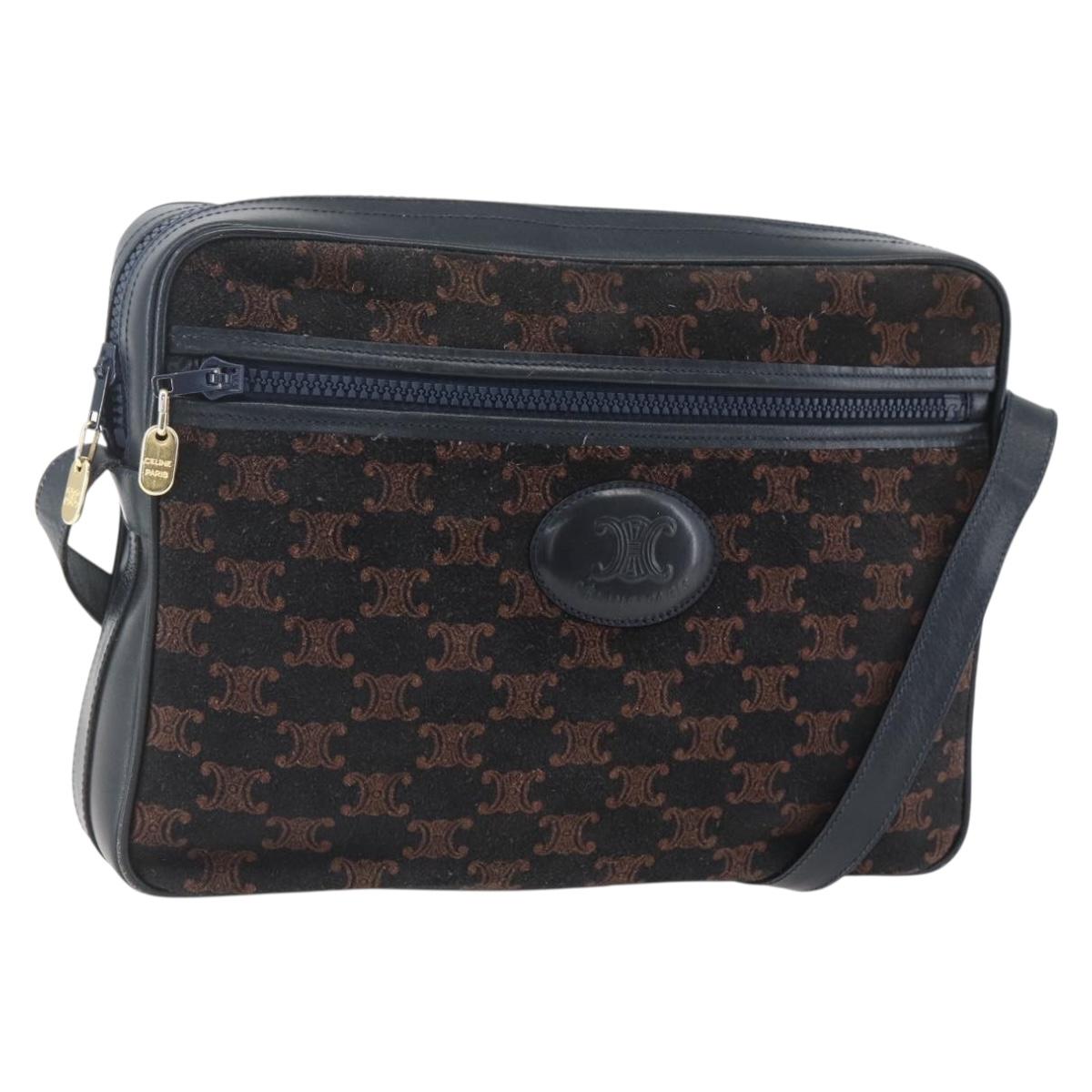CELINE C Macadam Canvas Shoulder Bag Suede Navy Gold Auth 158416