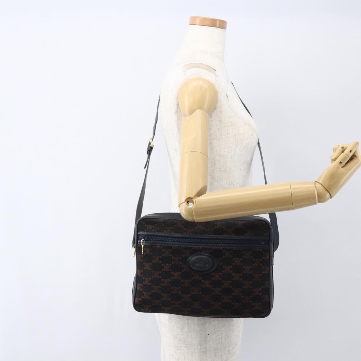 CELINE C Macadam Canvas Shoulder Bag Suede Navy Gold Auth 158416