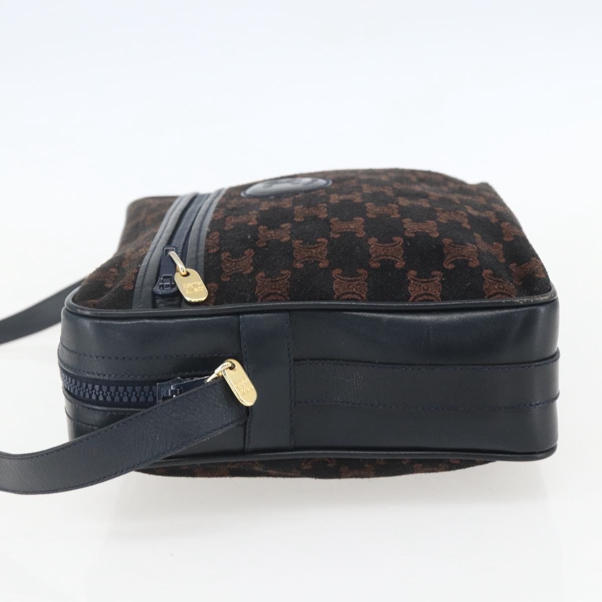 CELINE C Macadam Canvas Shoulder Bag Suede Navy Gold Auth 158416